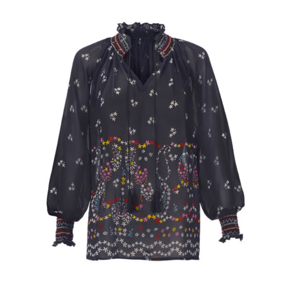CAbi Enjoy Blouse Navy with white flowers Size Medium